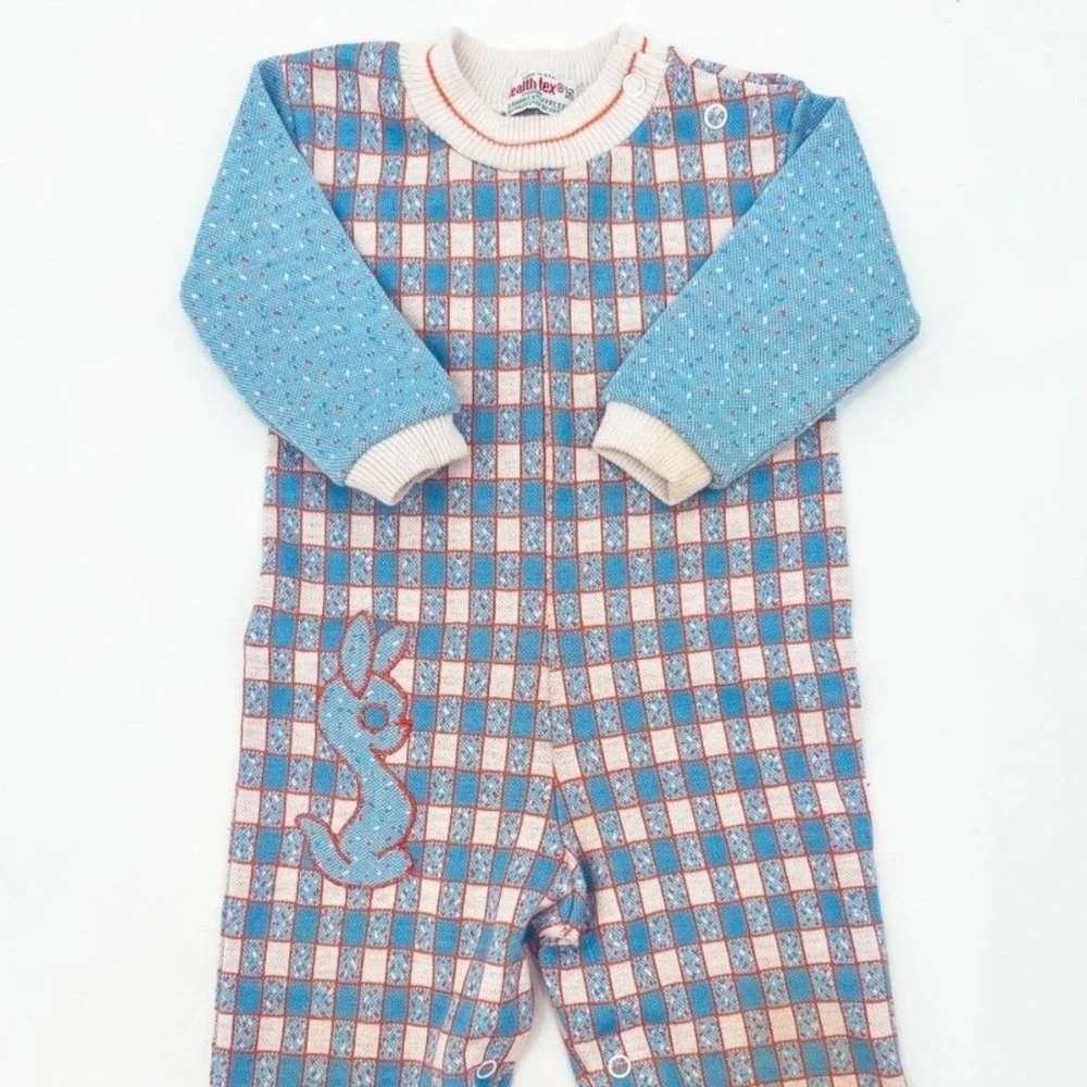 Vintage‎ Health-Tex Stantogs Baby Romper 12 Months Blue Orange Check Bunny USA
